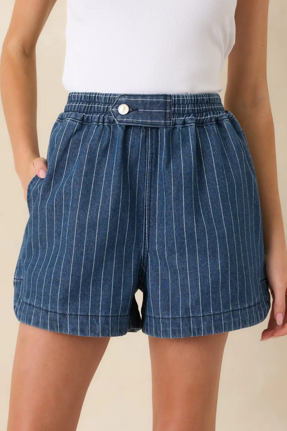 Dark Wash Stripe Cotton Denim Shorts