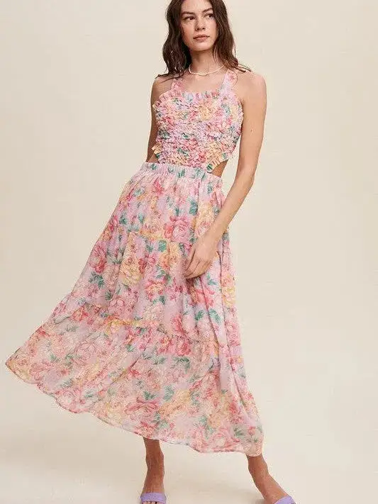 Romance is in the Air Textured Pink Floral Cutout Midi Dress