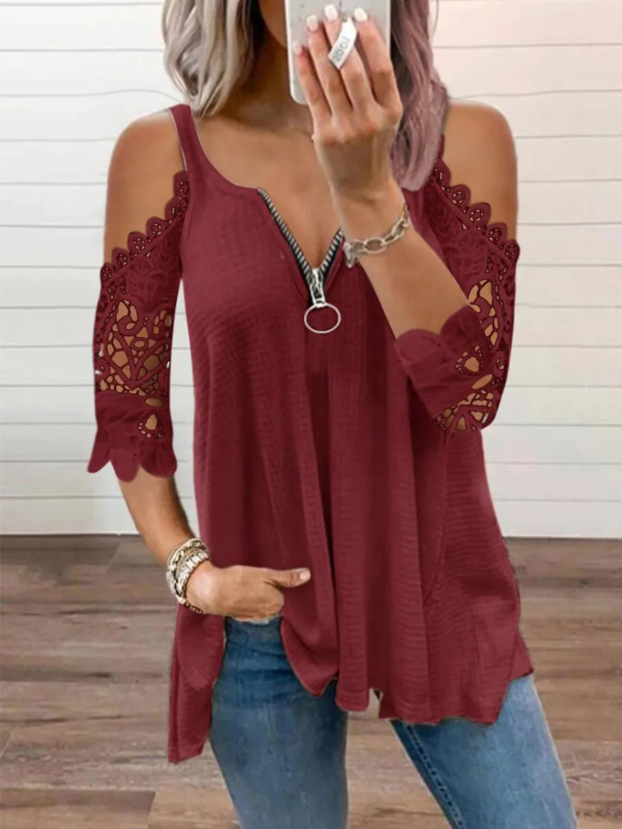 Cutout zipper sleeves V-neck belted casual shirt