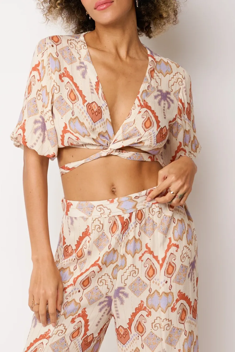 Peach Toned Paisley Print Wrap Crop Top