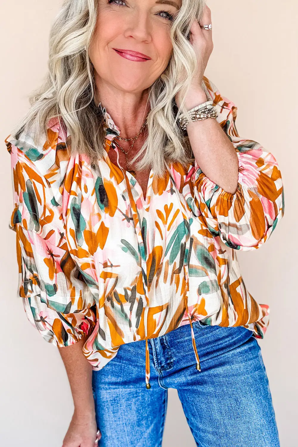 Abstract Print Frilled V-Neck Blouse