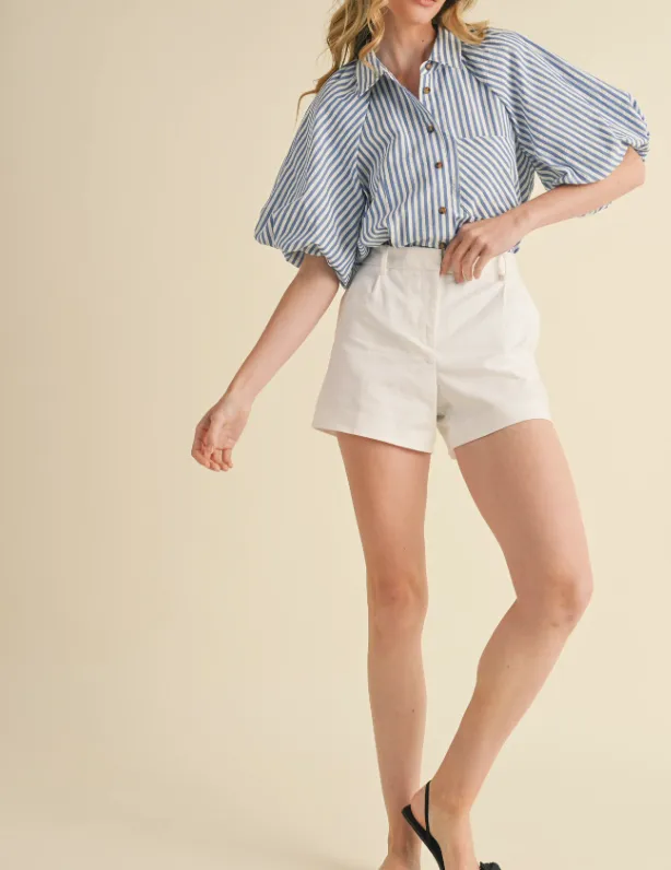 Striped Bubble Sleeve Button Front Top