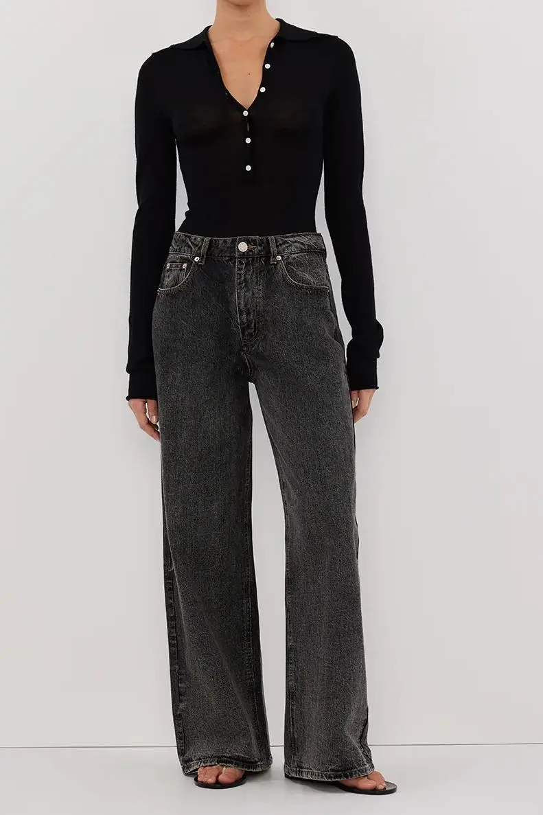 BLACK MERINO POLO KNIT TOP