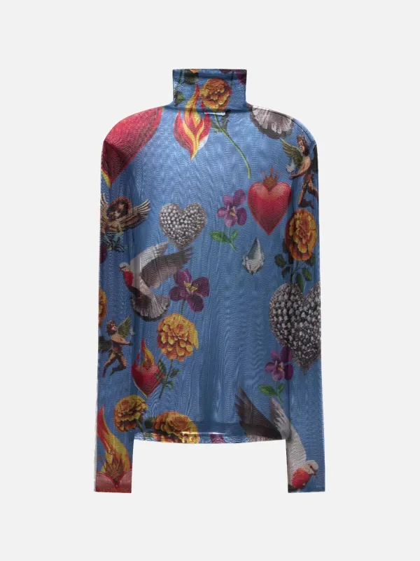 Mesh Printed Long Sleeve High Neck Top