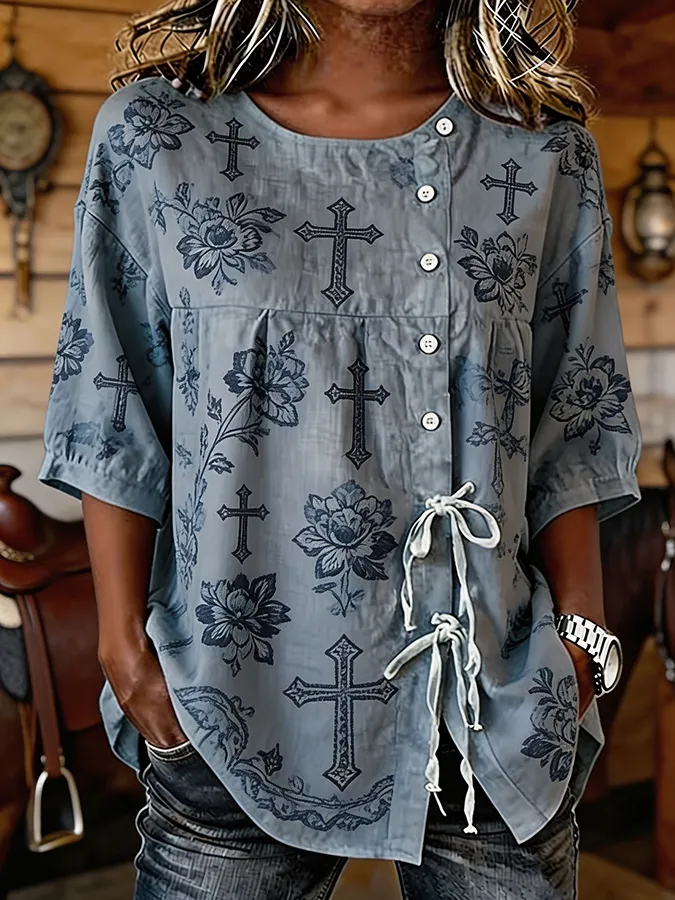 Women's Cross & Floral Print Tie Waist Western Button-Down Blouse