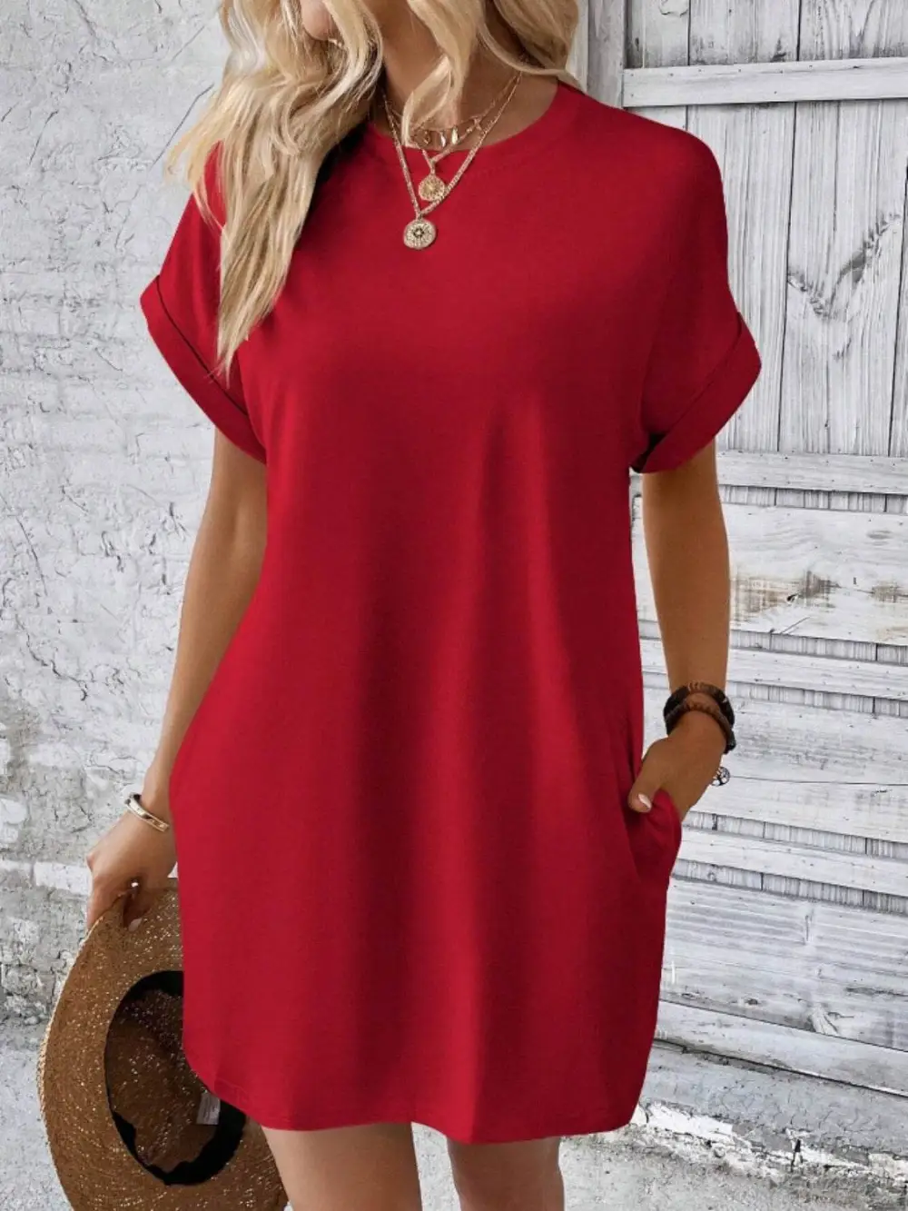 Pocketed Round Neck Short Sleeve Casual Dress