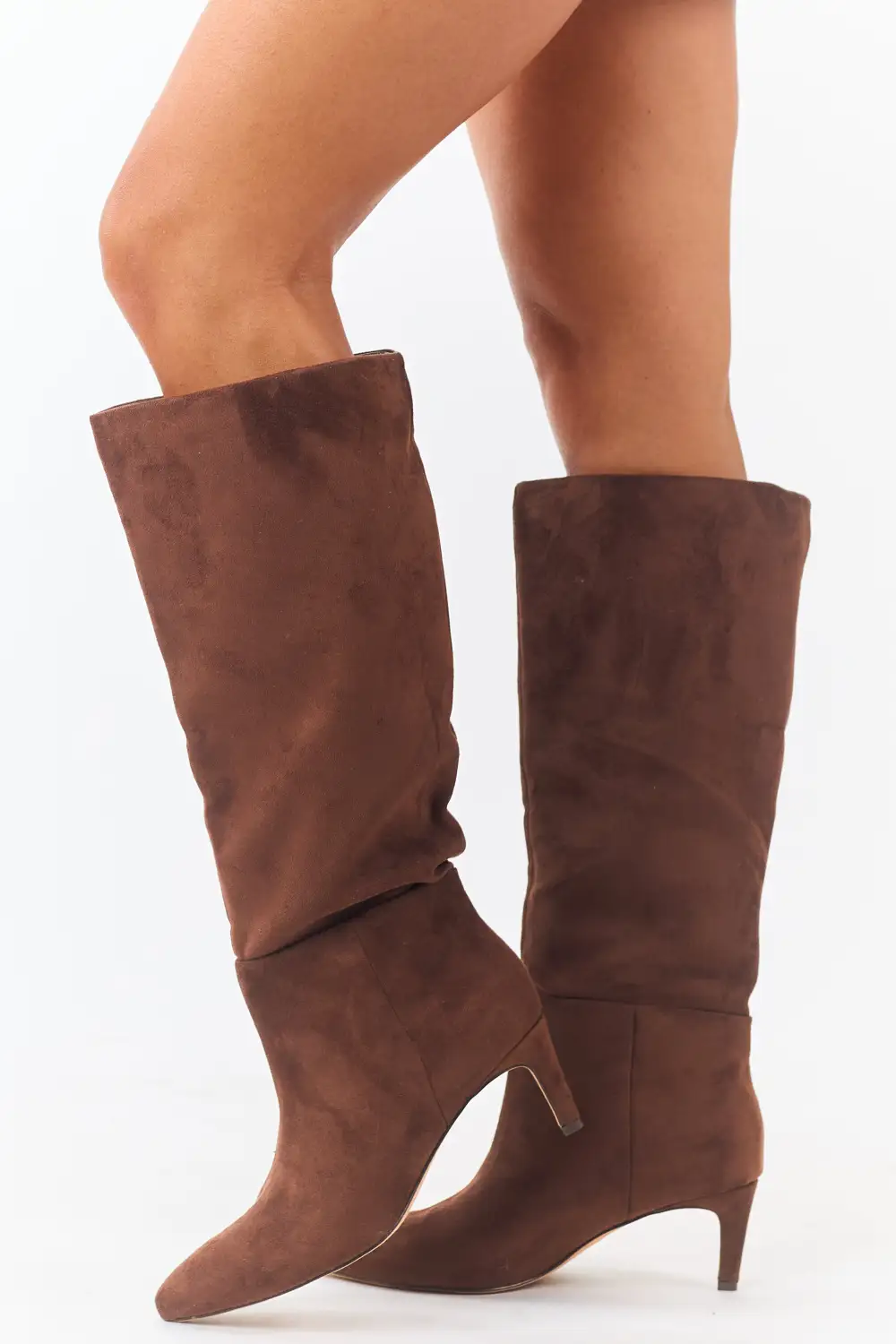 Faux Suede Pointed Toe Heeled Boots