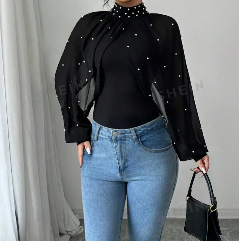 Women's Stand-Collar Pearls Beaded Button Long-Sleeve Blouse