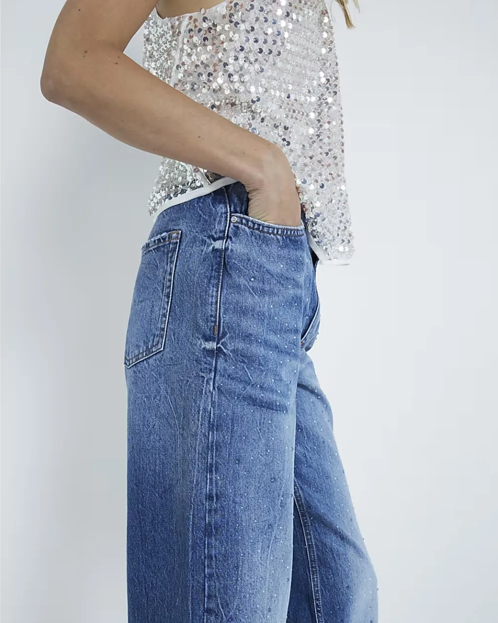 Pure Cotton Fashionable Gradient Blue Women's Wide-Leg Trousers