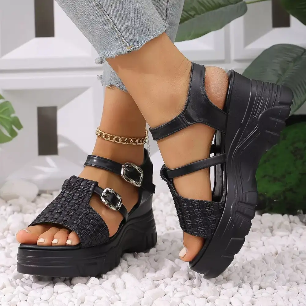 Buttoned Classic Open Toe Wedge Sandals