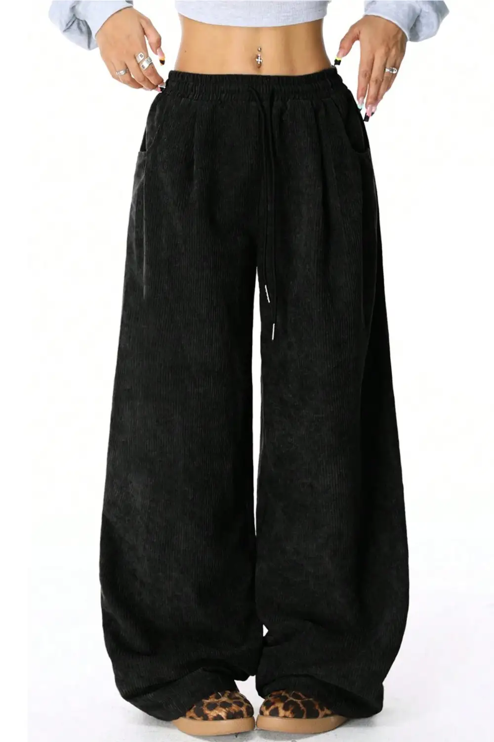 Drawstring Flannel Wide Leg Pants