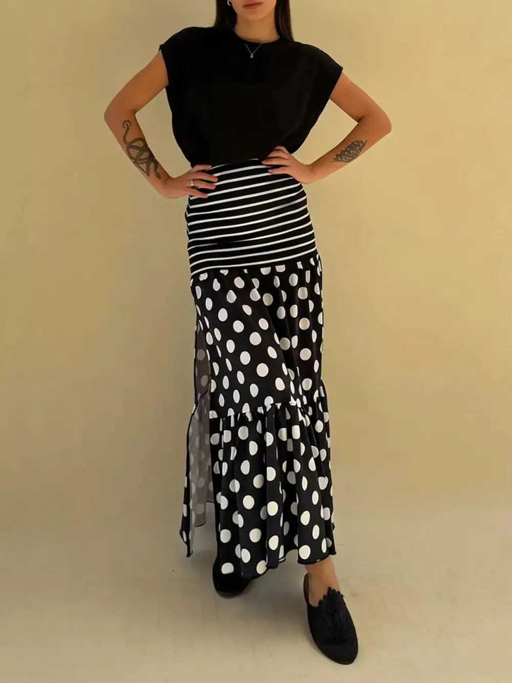 Striped Side Slit Maxi Skirt