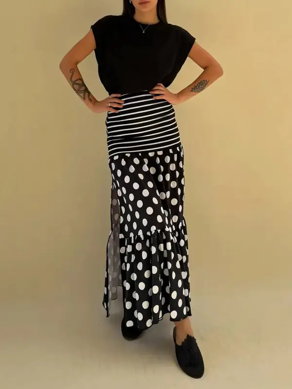 Striped Side Slit Maxi Skirt
