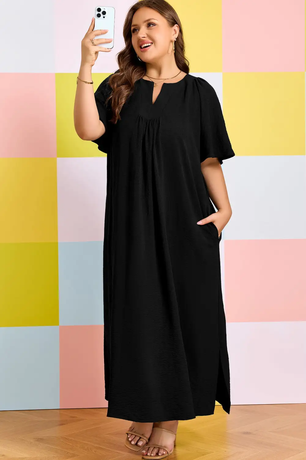 Split Neck Short Sleeve Dress Casual