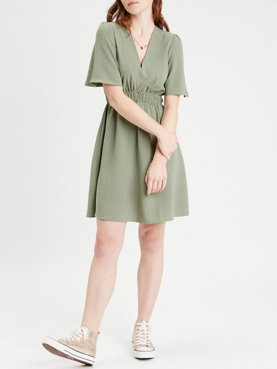 Robe évasée taille élastiquée vert kaki femme