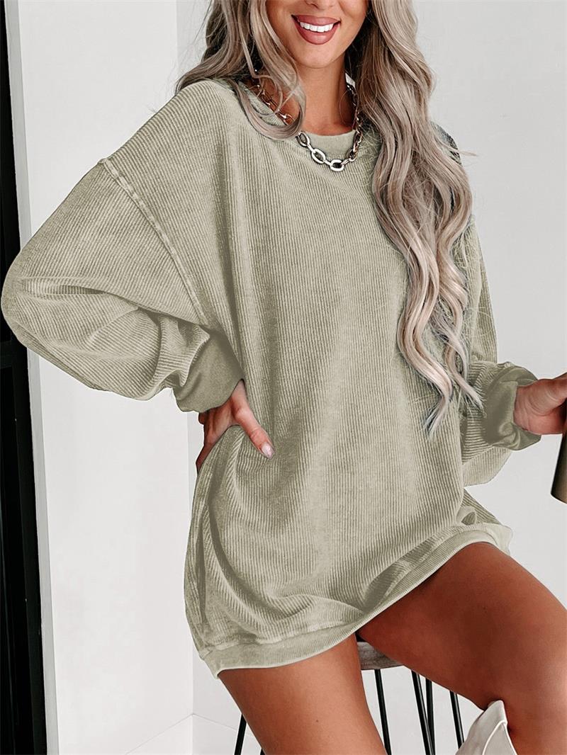 Green Solid Ribbed Knit Round Neck Pullover Sweatshirt