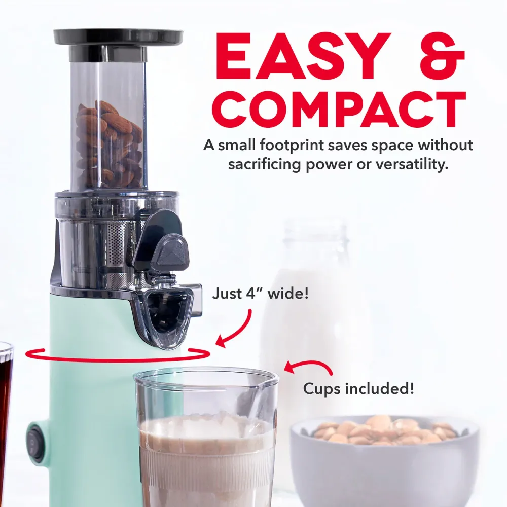 Compact Masticating Slow Juicer, Easy to Clean Cold Press Juicer with Brush, Pulp Measuring Cup, Frozen Attachment and Juice Recipe Guide