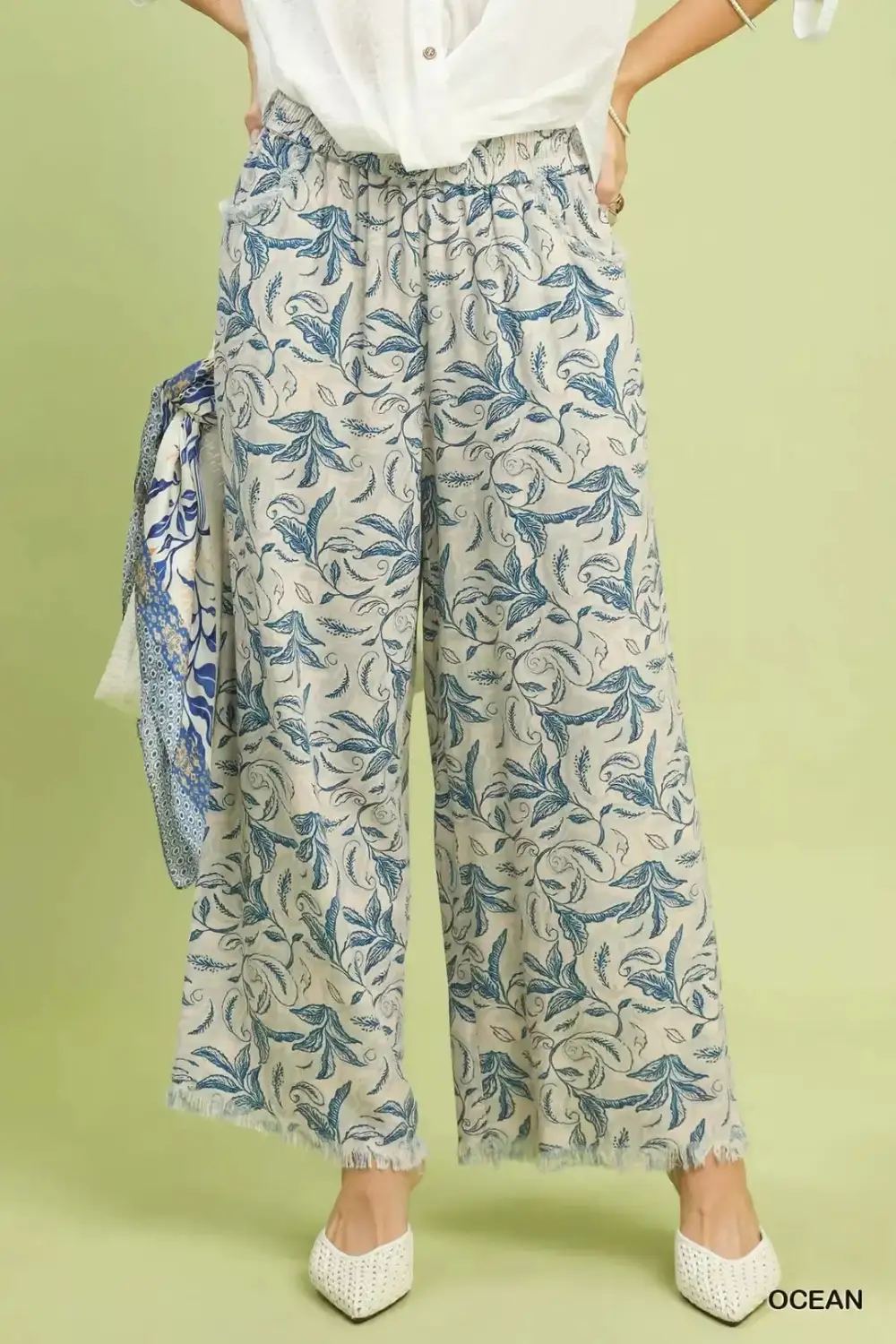 Linen Printed Wide Leg Raw Hem Pants