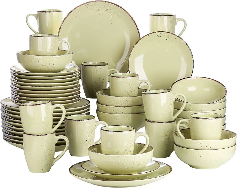 vancasso Navia Ceramic Dinnerware Set, 48 pieces Set of 12 Stoneware Spray Spot Patterned Service Dish with Dinner Plates, Salad Plates, Bowls, Mugs - Grey