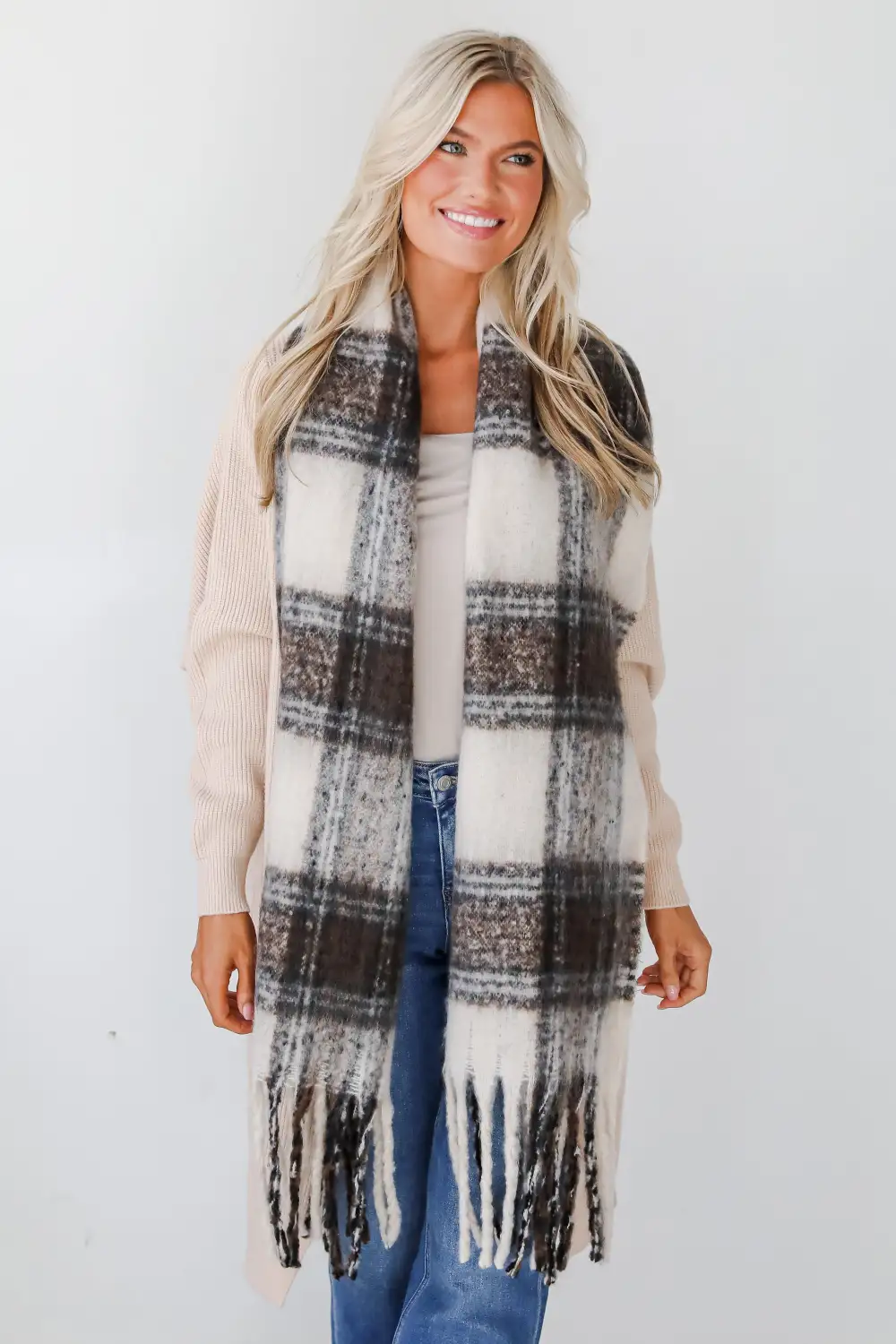 FINAL SALE - Snuggly Elevation Plaid Fringe Scarf - DOORBUSTER