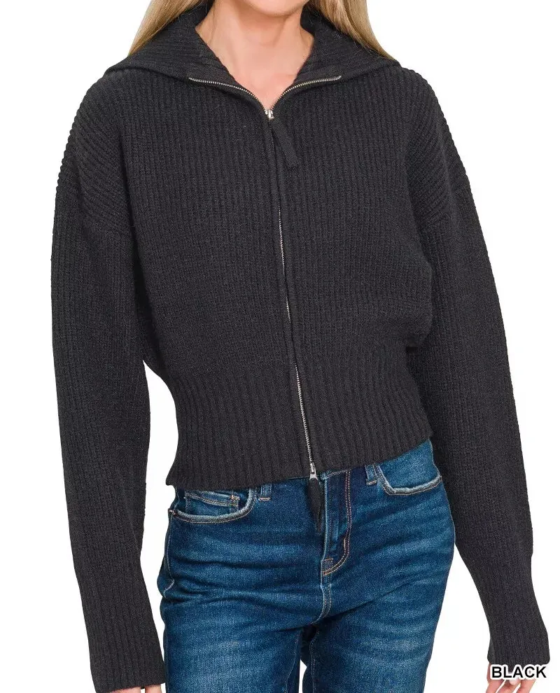 Ribbed Collared Zip-Up Sweater Cardigan