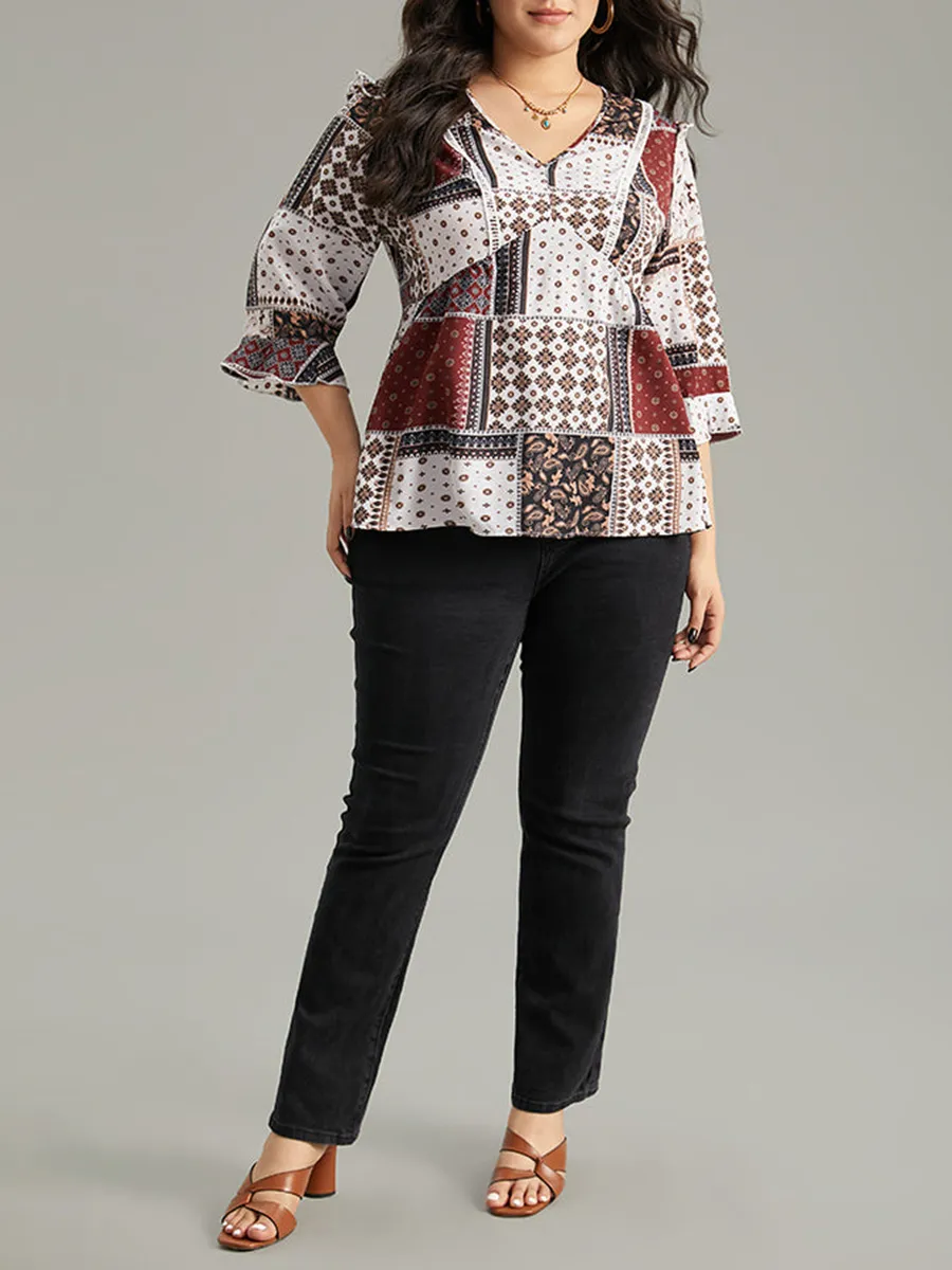 V-Neck Geometric Print Elegant Shirt