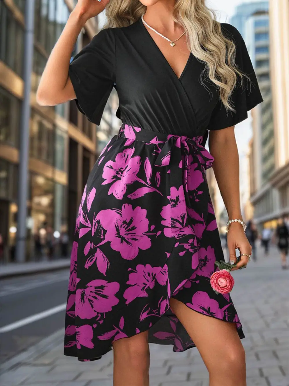 Printed Surplice Short Sleeve Casual Dress