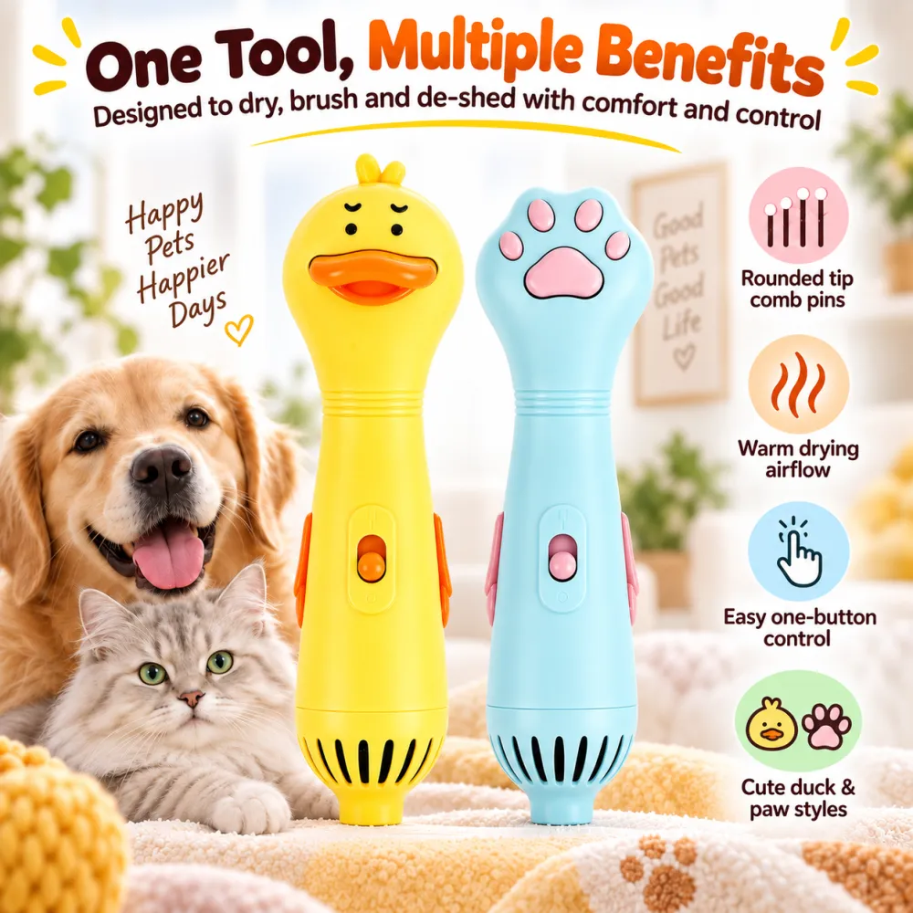 Pet Hair Dryer Brush for Cats & Dogs - Electric Blow Grooming Comb, Compact, Removes Loose & Floating Hair