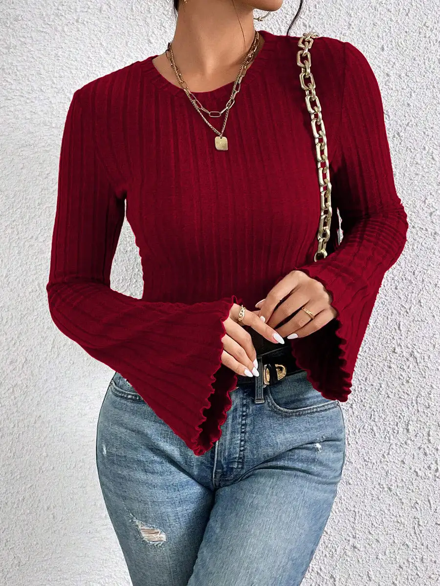Flared Sleeve Long Sleeve Ribbed Knit Panel Detail Round Neck T-Shirt
