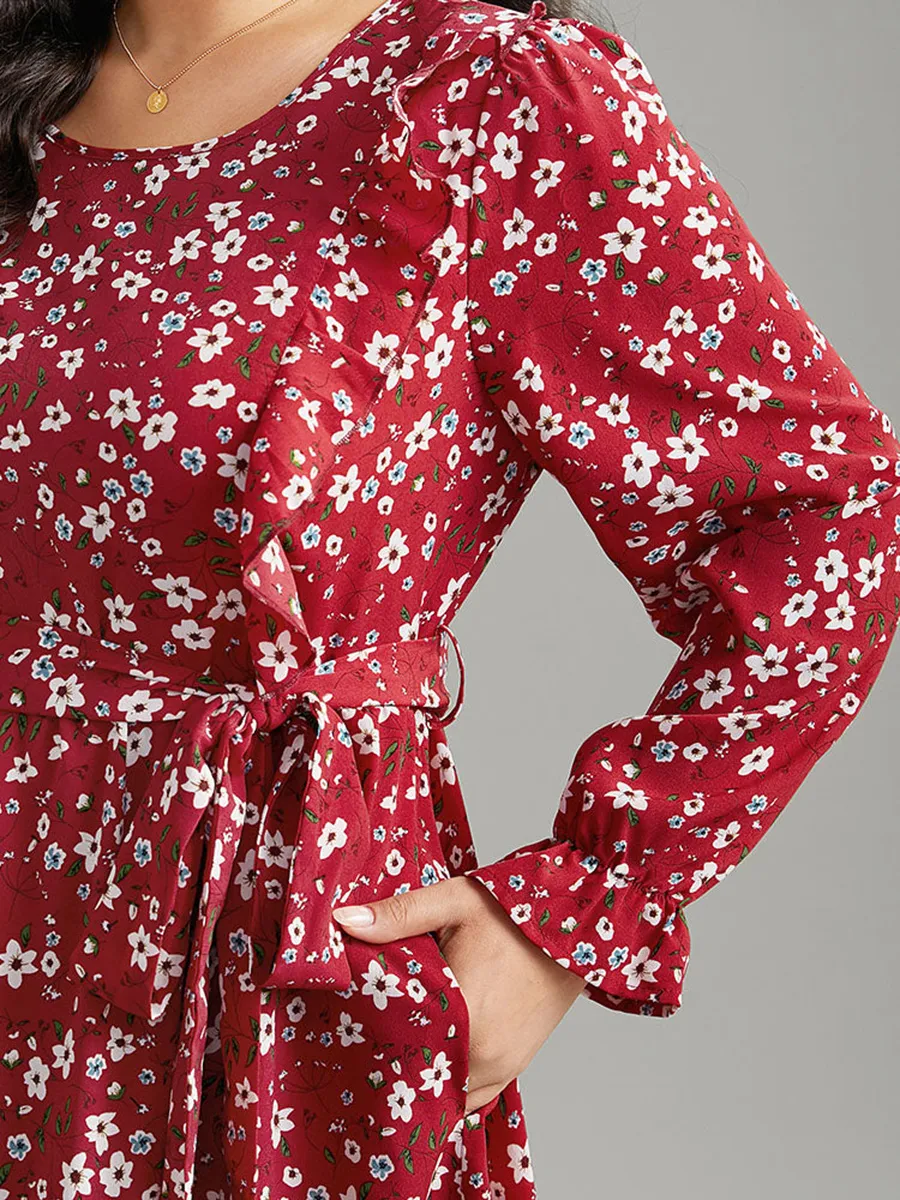 Red Elegant Advanced Floral Waist Midi Dress