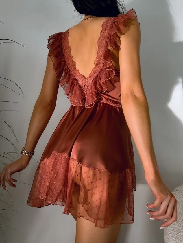 Deep V Sexy Romantic Elegant Lace Silk Nightdress