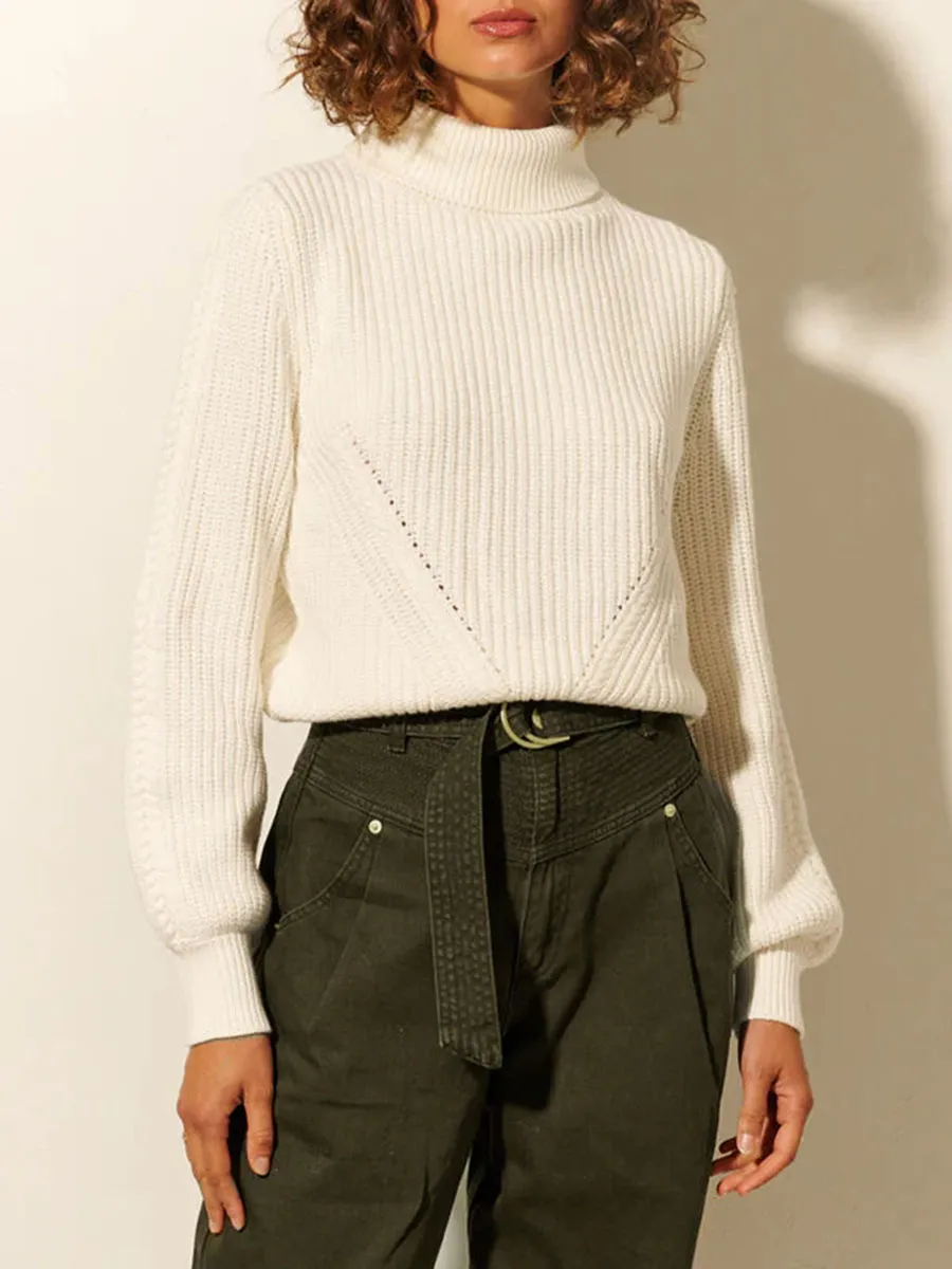 White Turtleneck Ribbed Knit Sweater