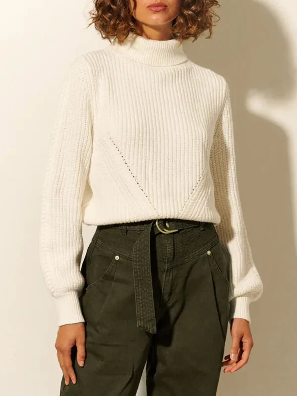 White Turtleneck Ribbed Knit Sweater