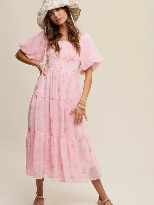 Listen to your Heart Flower Embroidered Puff Sleeve Tiered Maxi Dress