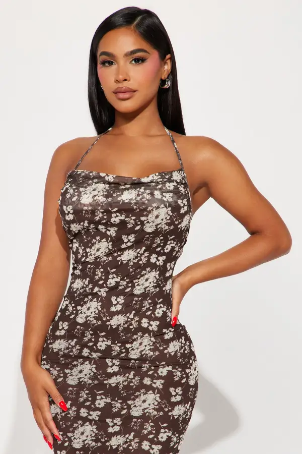 In The Garden Mesh Midi Dress - Brown