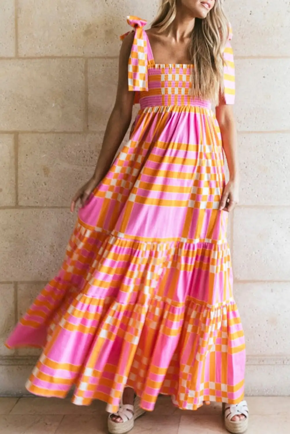 Pink Gingham Tied Straps Maxi Dress