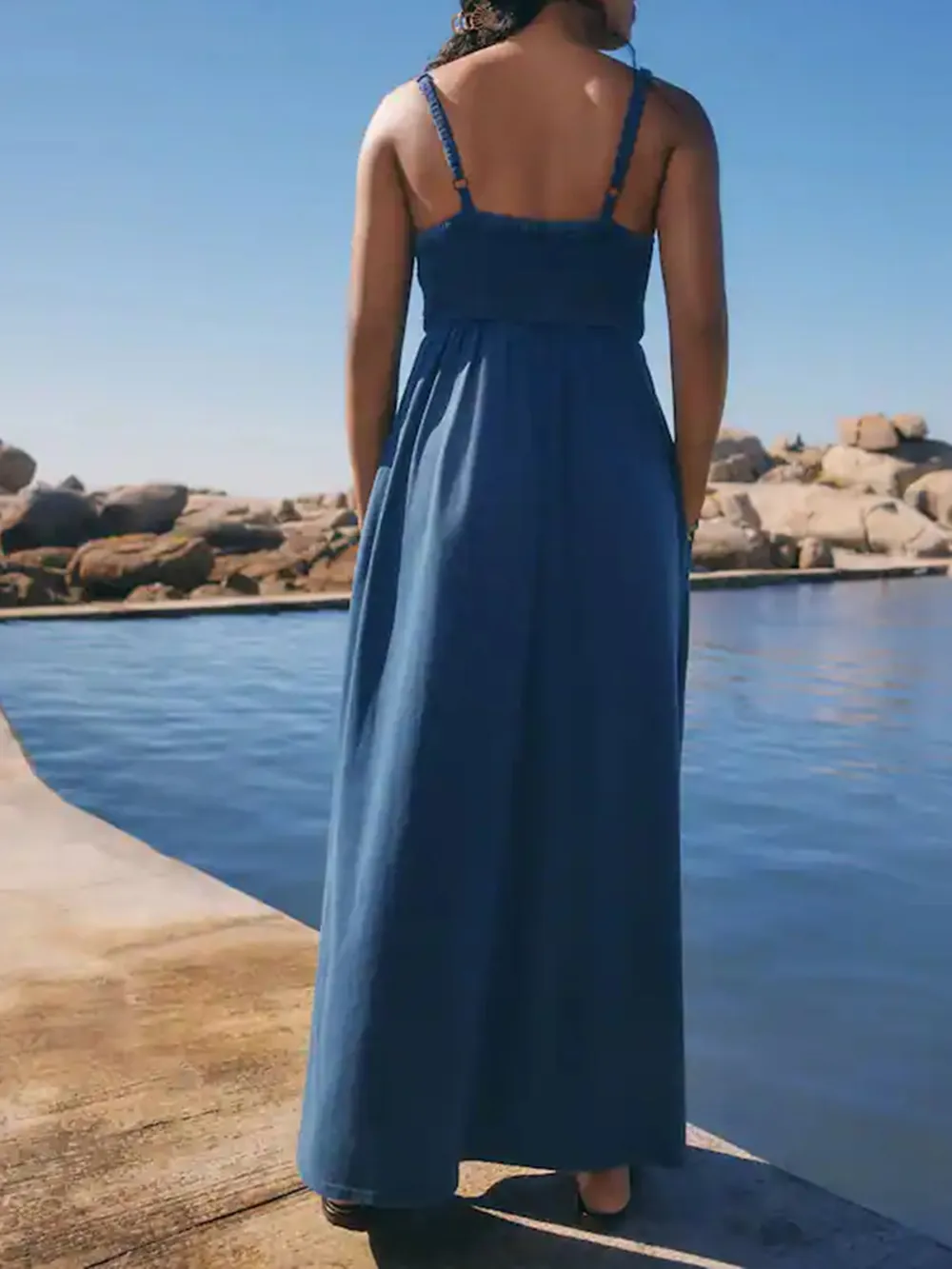 Blue Casual Versatile High-Waisted Slim-Fit Dress