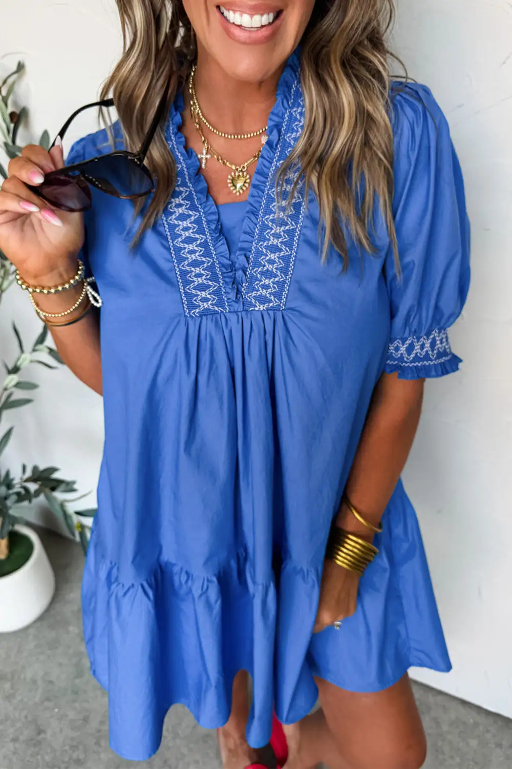 Embroidered Neck Puff Sleeve Mini Dress