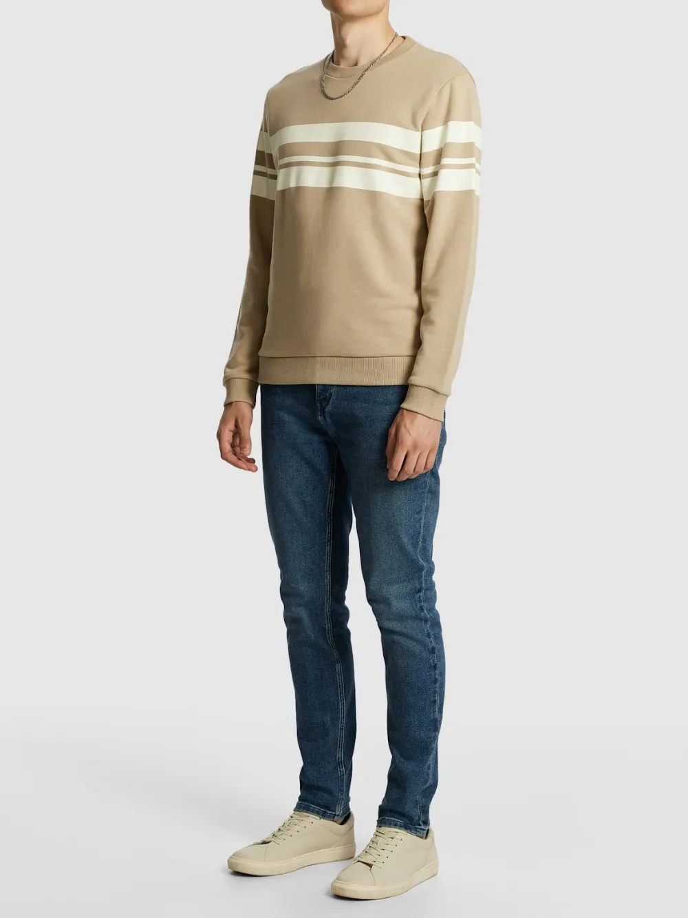 Tan Crew Neck Striped Sweatshirt