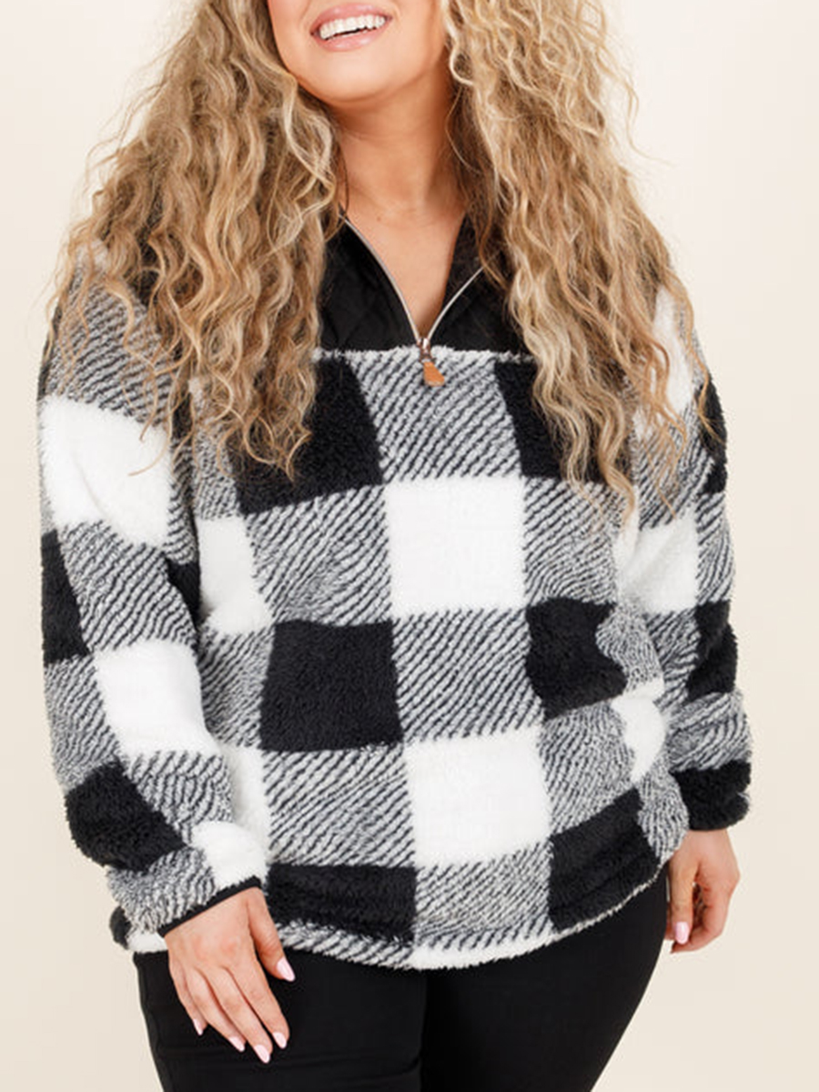 Black and white plaid patchwork zippered hoodie