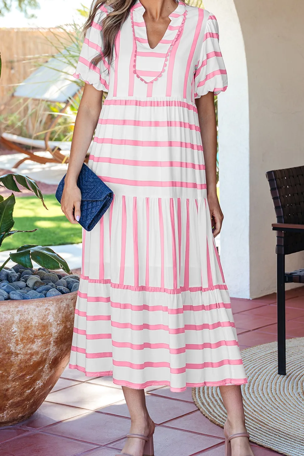 Stripe Half Sleeve Notched Neck Contrast Trim Ricrac Trim Everyday Midi Dress