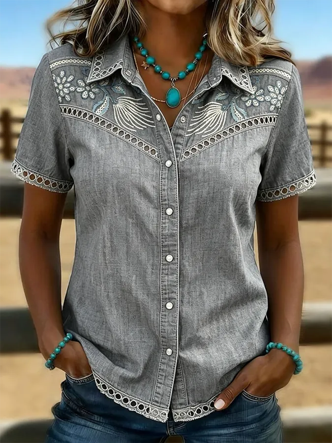 Women's Vintage Floral Art Print Hollow Patchwork Casual Shirt