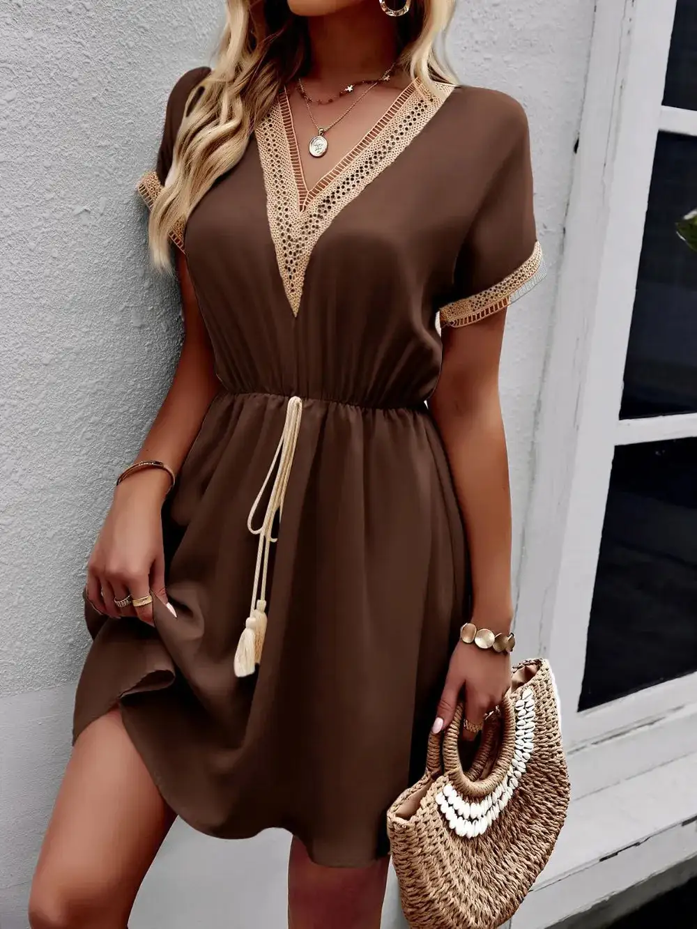 Contrast Trim V Neck Short Sleeve Mini Dress