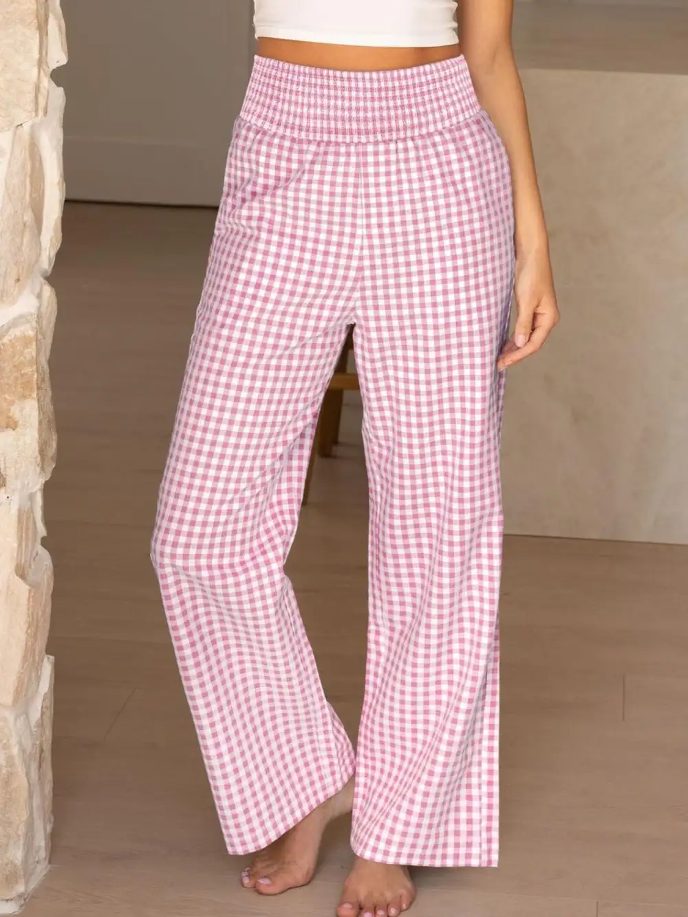 Gingham High Waist Wide Leg Pants