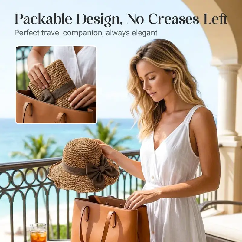 Women's Foldable Wide-Brim Straw Sun Hat – Hand-Knitted Cotton-Linen Blend with Bow Detail (Summer Style)