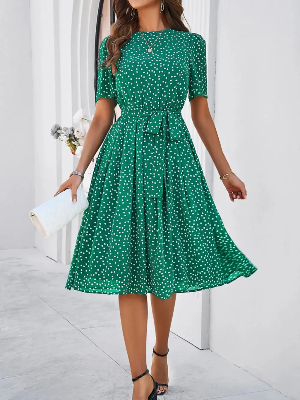 Printed Round Neck Short Sleeve Casual Dress