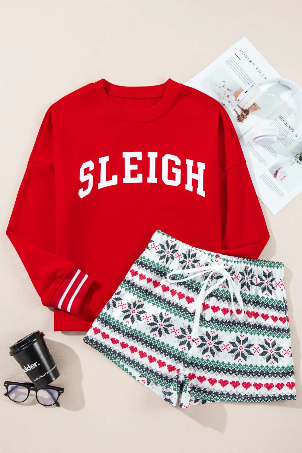 Sleigh Graphic Round Neck Top and Printed Shorts Lounge Set