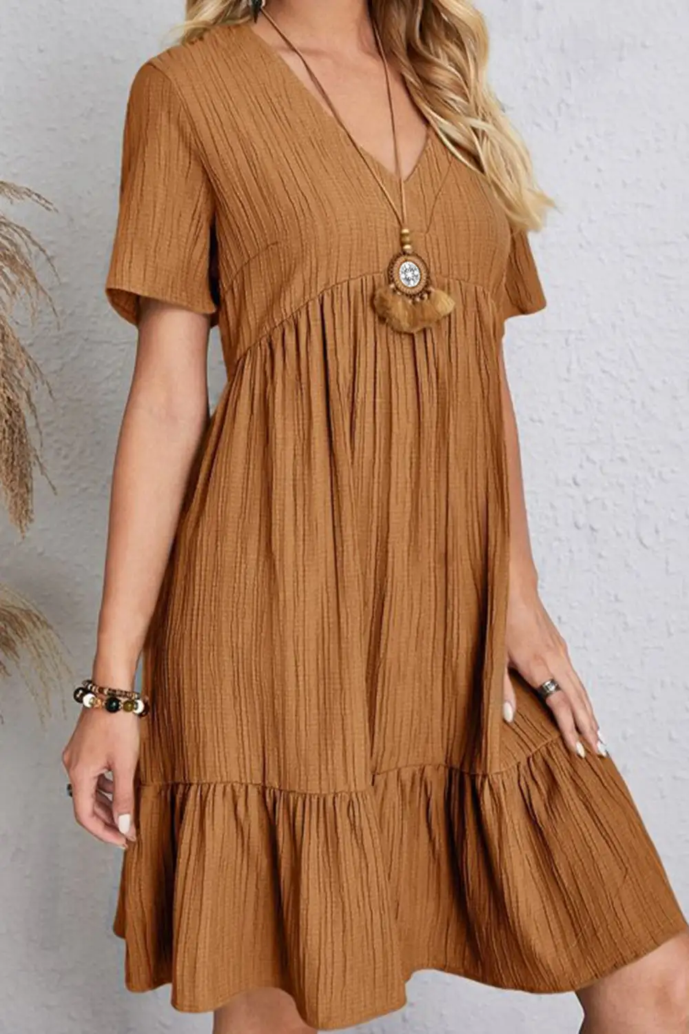 Boho Chic  Plus Size Ruched V-Neck Short Sleeve Dress