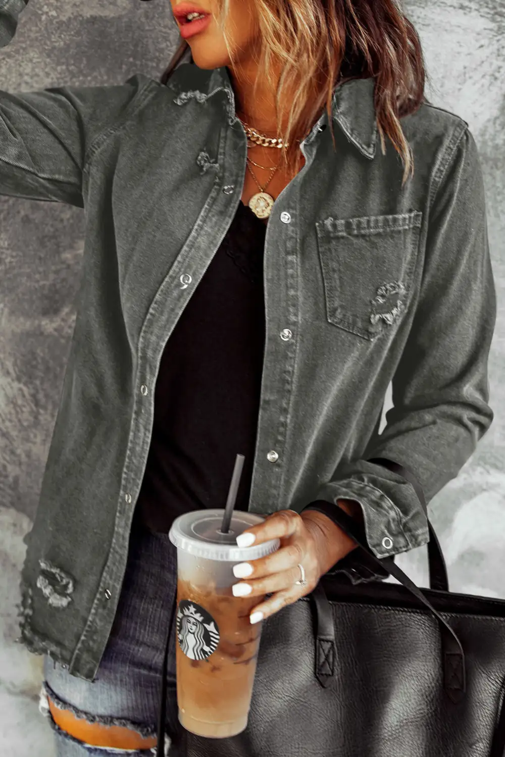 Distressed Raw-hem Snap-front Denim Jacket