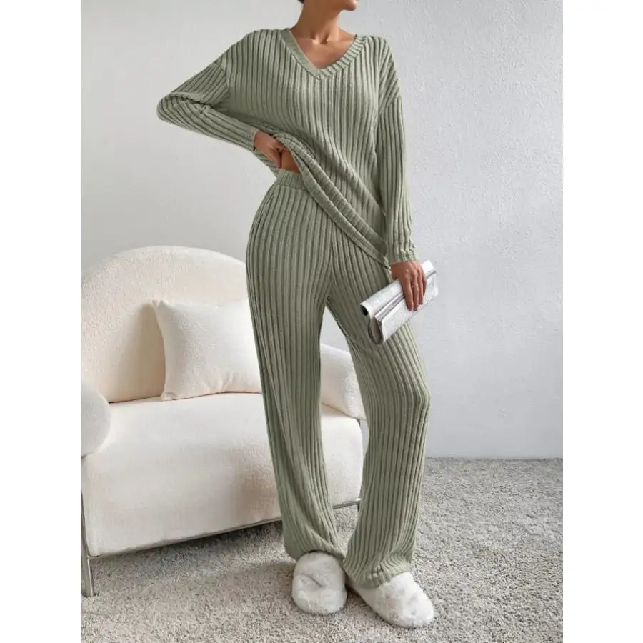 Ribbed Knit Long Sleeve Top and Pants Set